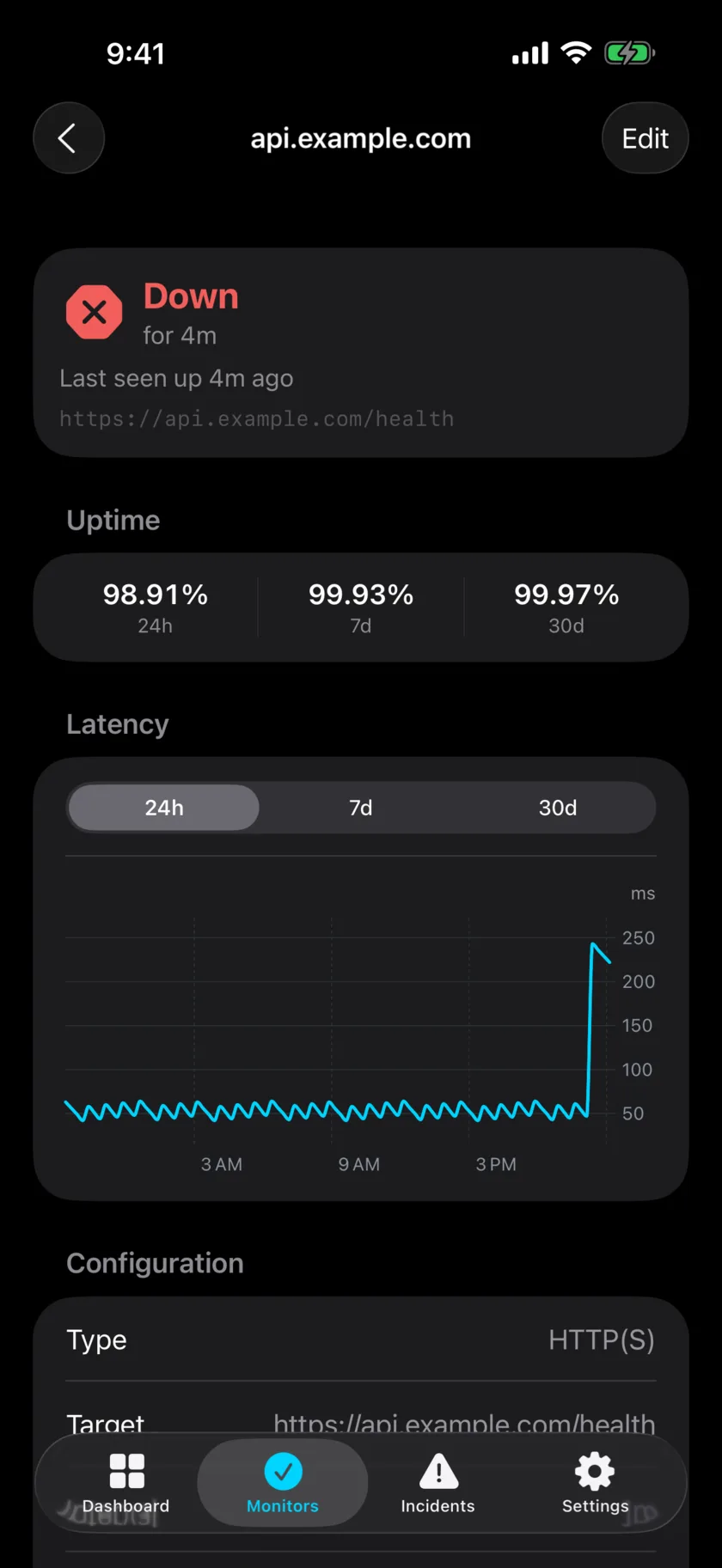 The iOS app’s monitor detail screen: uptime over 24 hours, 7 days and 30 days, and a latency chart with a spike at the right-hand edge.