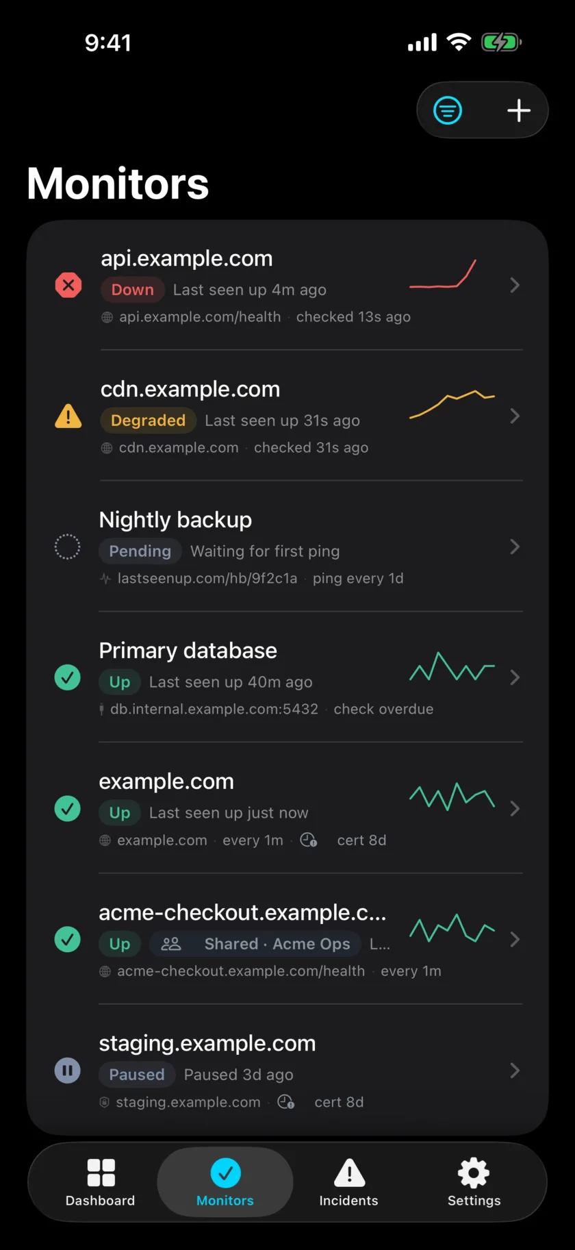 The iOS app’s monitor list: seven monitors with their current state, when each was last seen up, and a small latency sparkline beside each row.